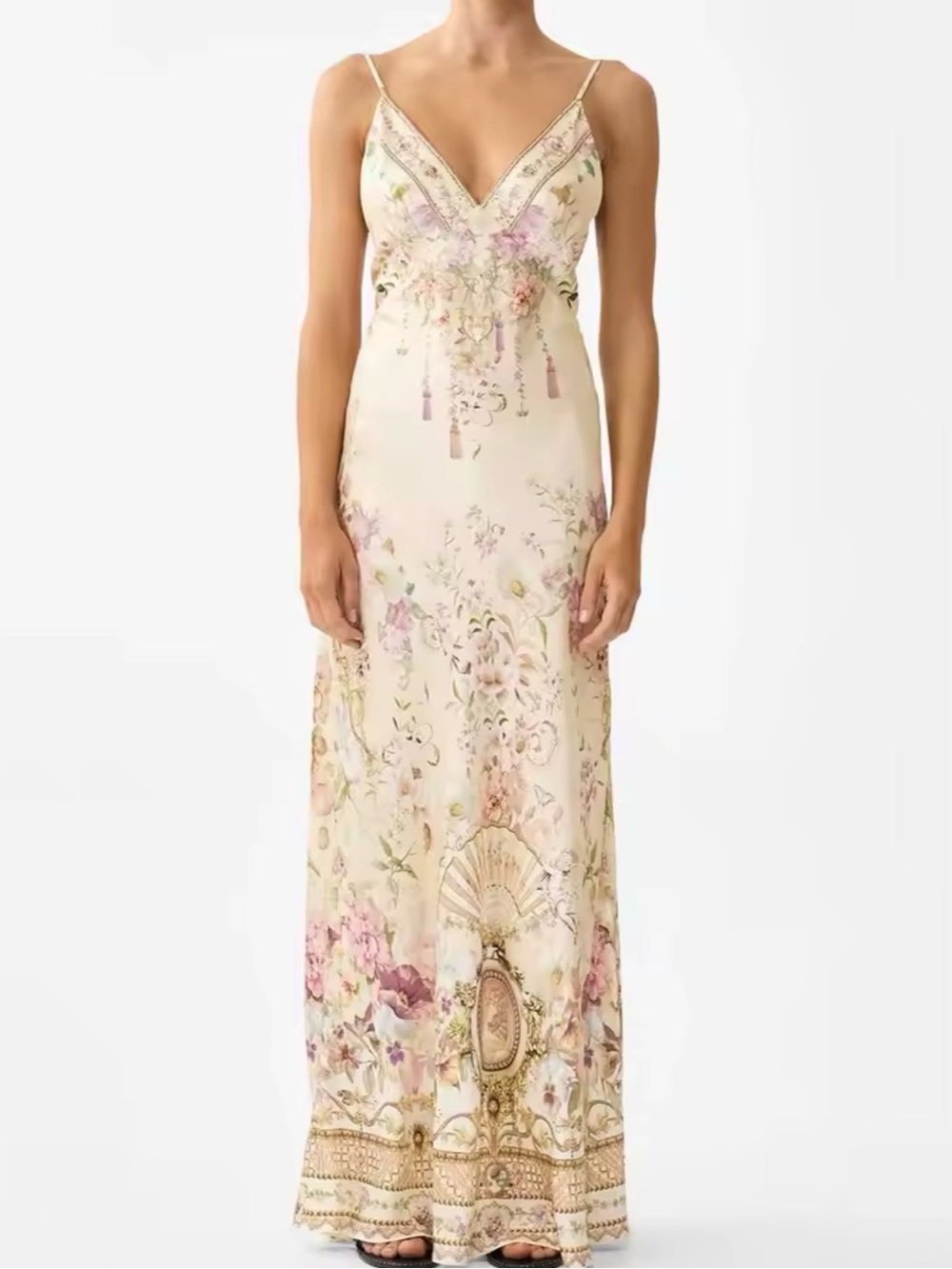 Camilla V Neck Full Length Bias Slip Dress Adorned In Aranjuez, NWT, $1000MSRP